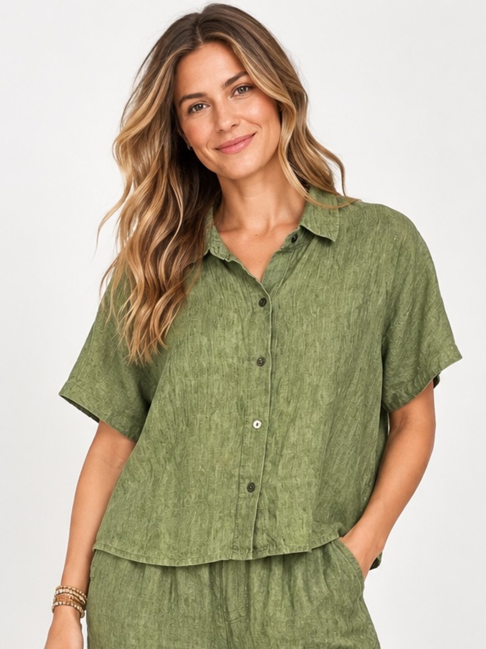 Eileen Fisher System Washed Organic Linen Delave Short Sleeve Boxy Shirt Size M